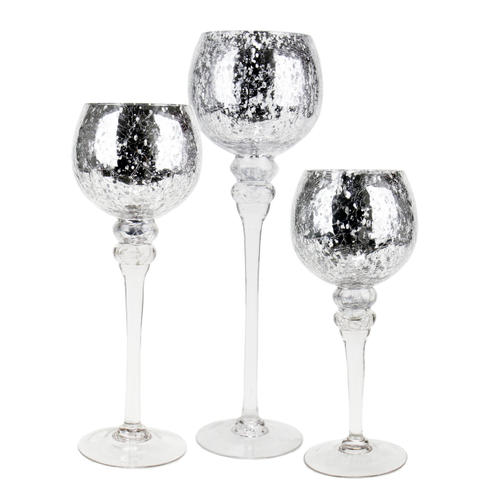 Mercury Silver Crackle Glass Candle Holder, Set of 3 (12", 14", 16"), Pack of 3 Sets