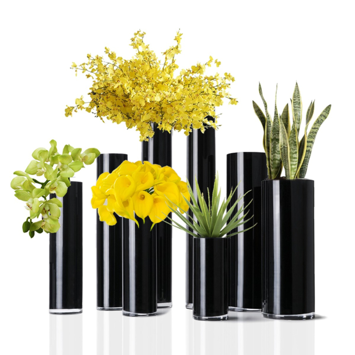 Glass Black Cylinder Vases. D-6" | H-8", 12", 16", 20", 26", 32", 40"  (Wholesale Pack of 4)