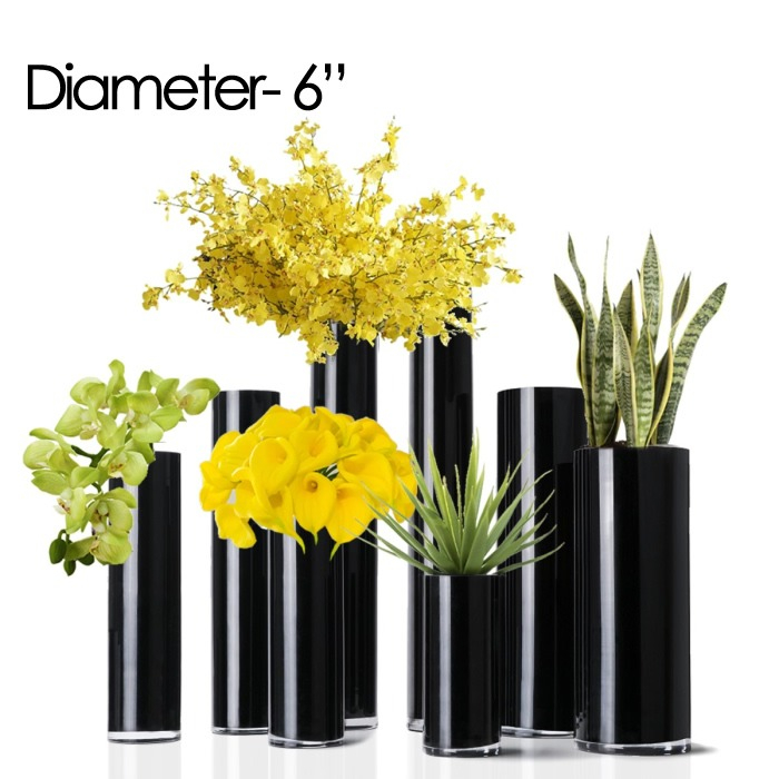 Diameter 6" Black glass cylinder vases with flowers (multiple sizes)