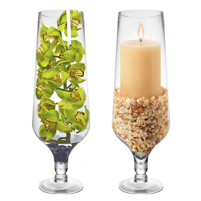 Decorative Short Stem Glass Champagne Flute Hurricane Vase H-22" x D-5.5" Clear (Wholesale Pack of 4)