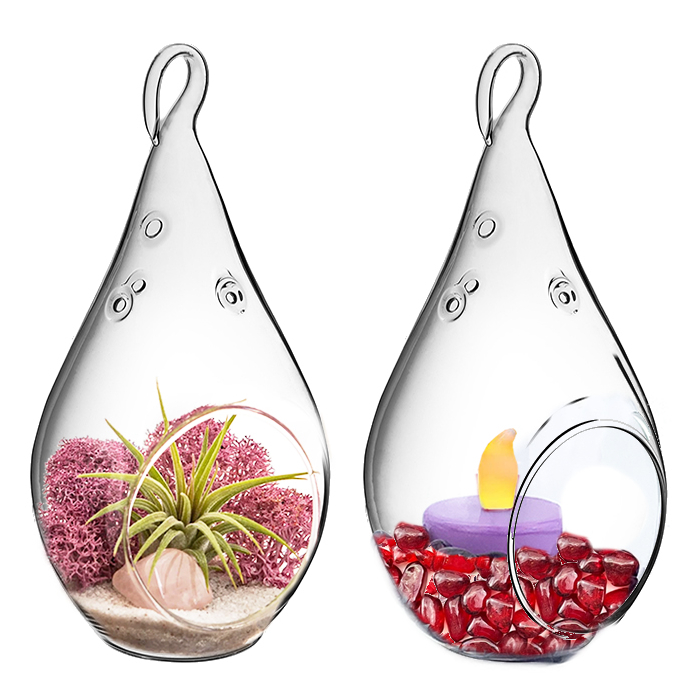 Glass Plant Terrarium Teardrop Tealight Candle Holder 7.25" Clear