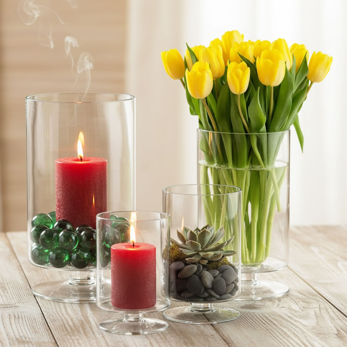 Glass pedestal stemmed candle holder for pillar candle