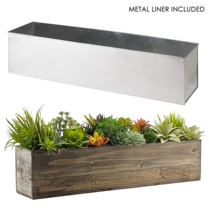 Natural Garden Wood Rectangle Box Planter with Zinc Metal Liner Vase 24" x 6"