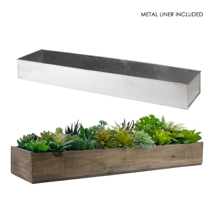Wood Rectangle Planter Box w/ Zinc Liner Natural H-3", Opening 24" x 6"