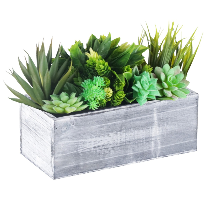 Rectangle White/Gray Planter Wood Box with Plastic Liner 4" x 10" x 5"
