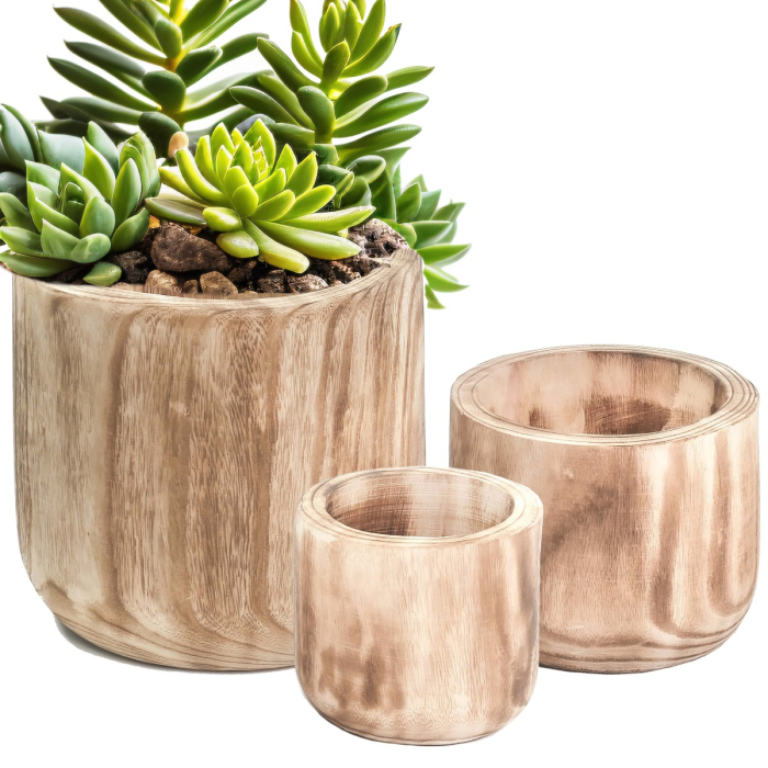 Burnt Finish Cylinder Wood Planter