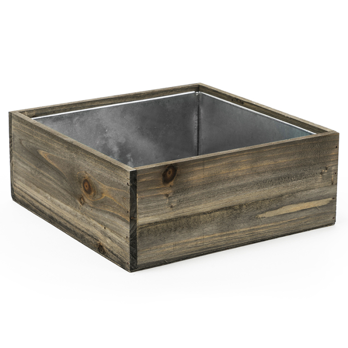 Wood Square Planter Box w/ Zinc Liner Natural Brown H-4" Open-10"x 10"
