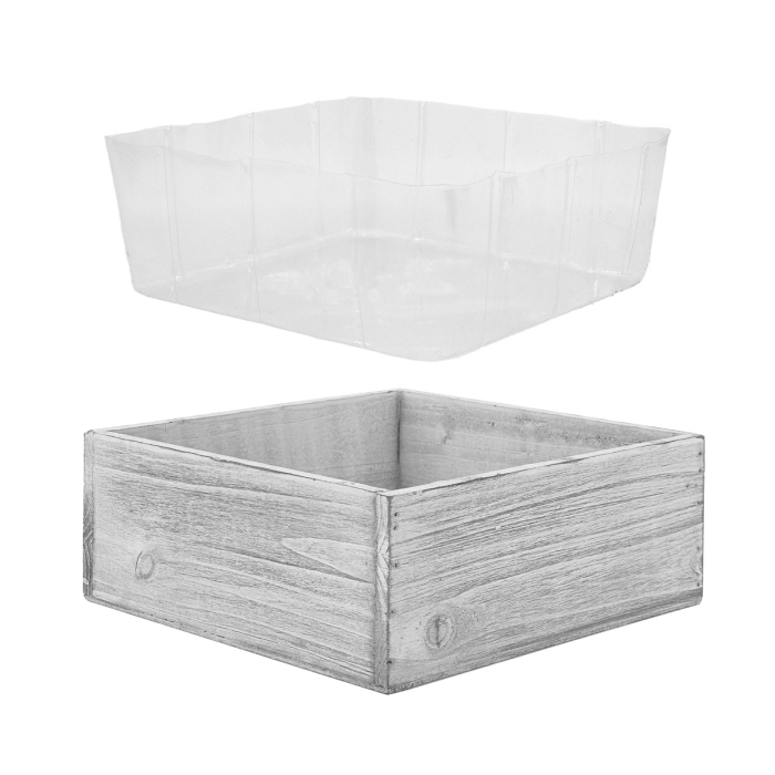 Wood Square White Wash Planter Box with Plastic Liner