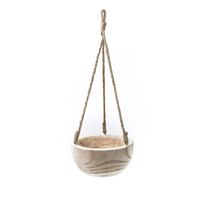Rustic Hanging Wood Bowl, Natural Finish with Jute Rope, H-23", D-9" (Pack of 6)