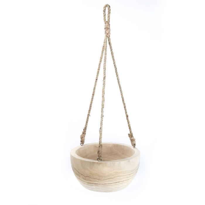 Rustic Hanging Wood Bowl, Natural Finish with Jute Rope, H-25", D-10" (Pack of 4)