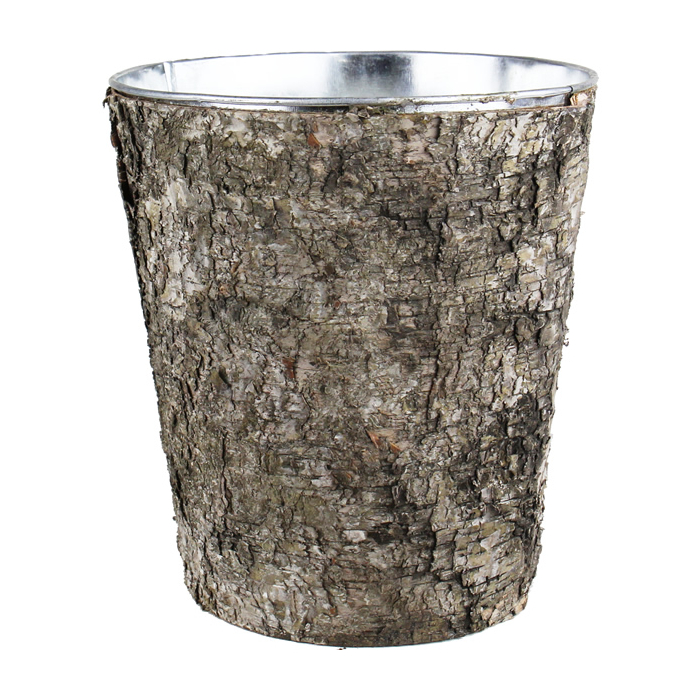 9" Taper Down Planter Birch Wood Wrap Zinc Metal Vase