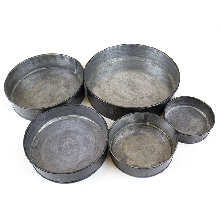 Set of 5 Rustic Industrial Iron Grey Zinc Metal Cylinder Planter Trays 