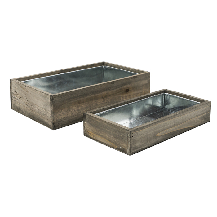 Wood Rectangle Planter Box w/ Zinc Liner Natural H-3.5" O-12 x 7.75", H-2.25" O-10.5" x 5.5", Set of 2 (Pack of 12 sets)
