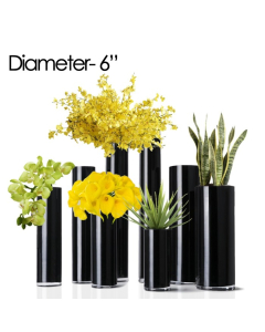 Diameter 6" Black glass cylinder vases with flowers (multiple sizes)