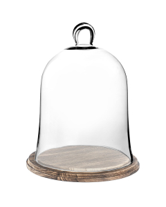 glass dome cloches with burnt brown rustic base