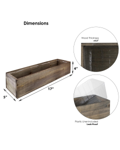 Rectangle Planter Wood Box with Plastic Liner 4" x 17" x 5"