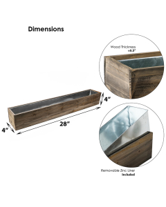 Rectangle Wood Planter Box with Zinc Liner Vase 28" x 4" x 4" 