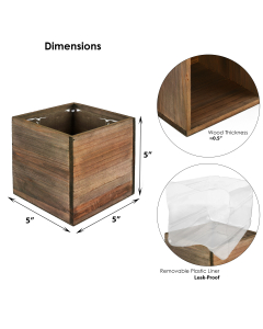 Square Cube Planter Wood Box with Plastic Liner 5" x 5" x 5"