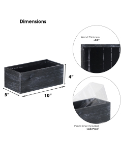 Rectangle Black Planter Wood Box with Plastic Liner 4" x 10" x 5"