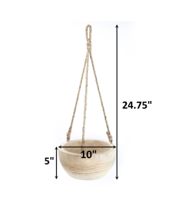 Rustic Hanging Wood Bowl, Natural Finish with Jute Rope, H-25", D-10" (Pack of 4)