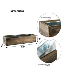 Wood Long Rectangular Planter Box w/ Zinc Liner Natural H-8"